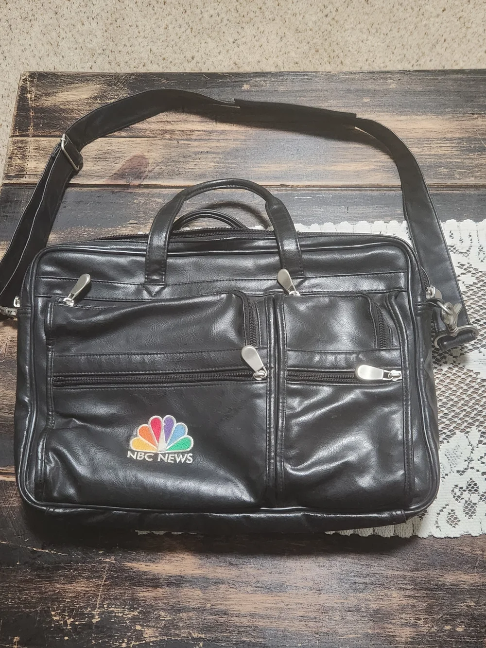 Vintage NBC News Employee Leather Briefcase Laptop Bag - EUC W/ Strap